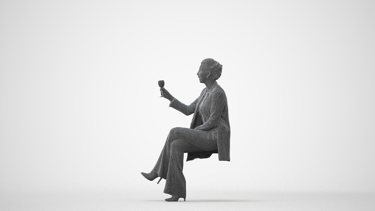 3D human model woman business sitting, photogrammetry scanned person for archviz, square thumbnail