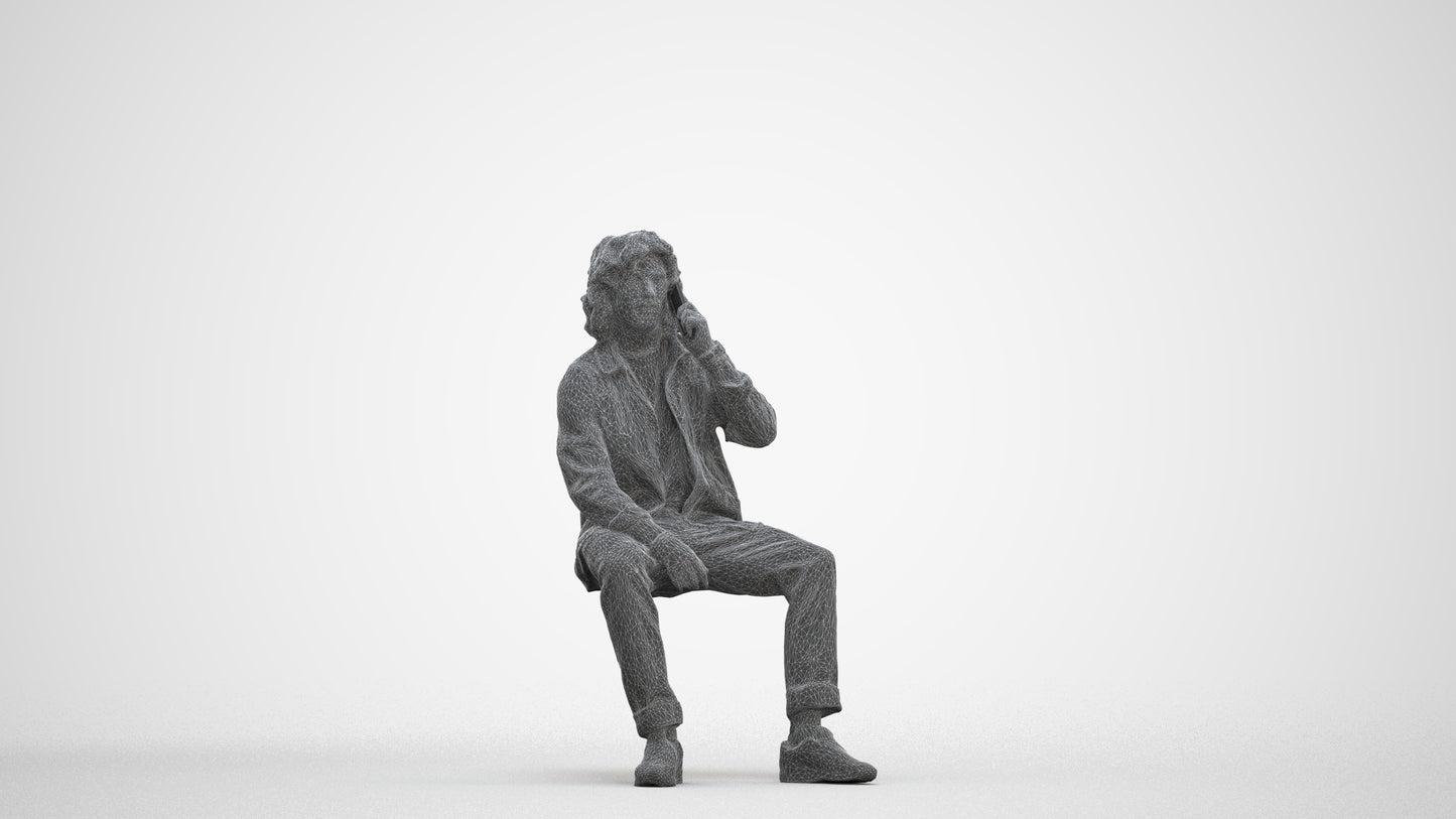 3D human model man casual sitting, photogrammetry scanned person for archviz, three-quarter front view render