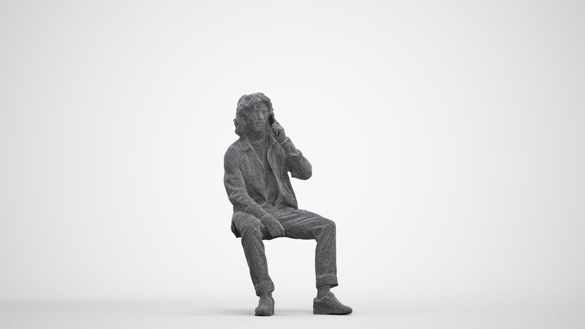 3D human model man casual sitting, photogrammetry scanned person for archviz, three-quarter front view render
