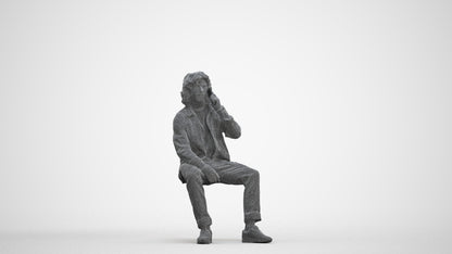 3D human model man casual sitting, photogrammetry scanned person for archviz, three-quarter front view render