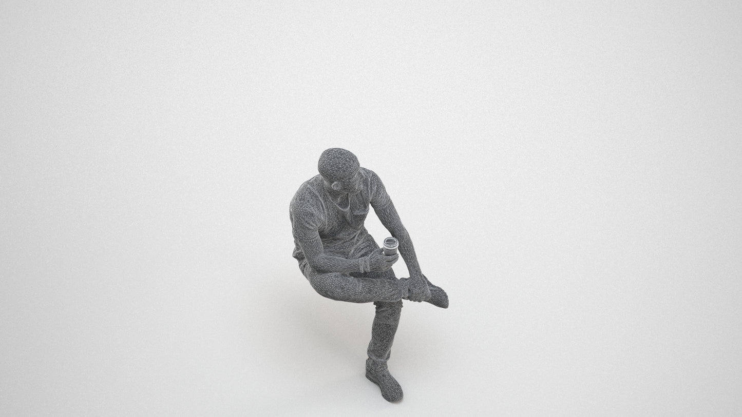 realistic 3D people man casual sitting, render-ready for V-Ray and Corona, FBX OBJ, wireframe three-quarter view