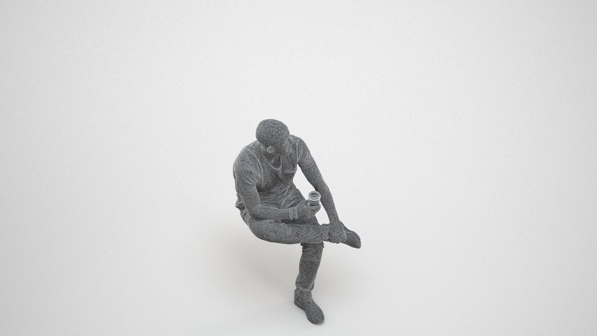 realistic 3D people man casual sitting, render-ready for V-Ray and Corona, FBX OBJ, wireframe three-quarter view
