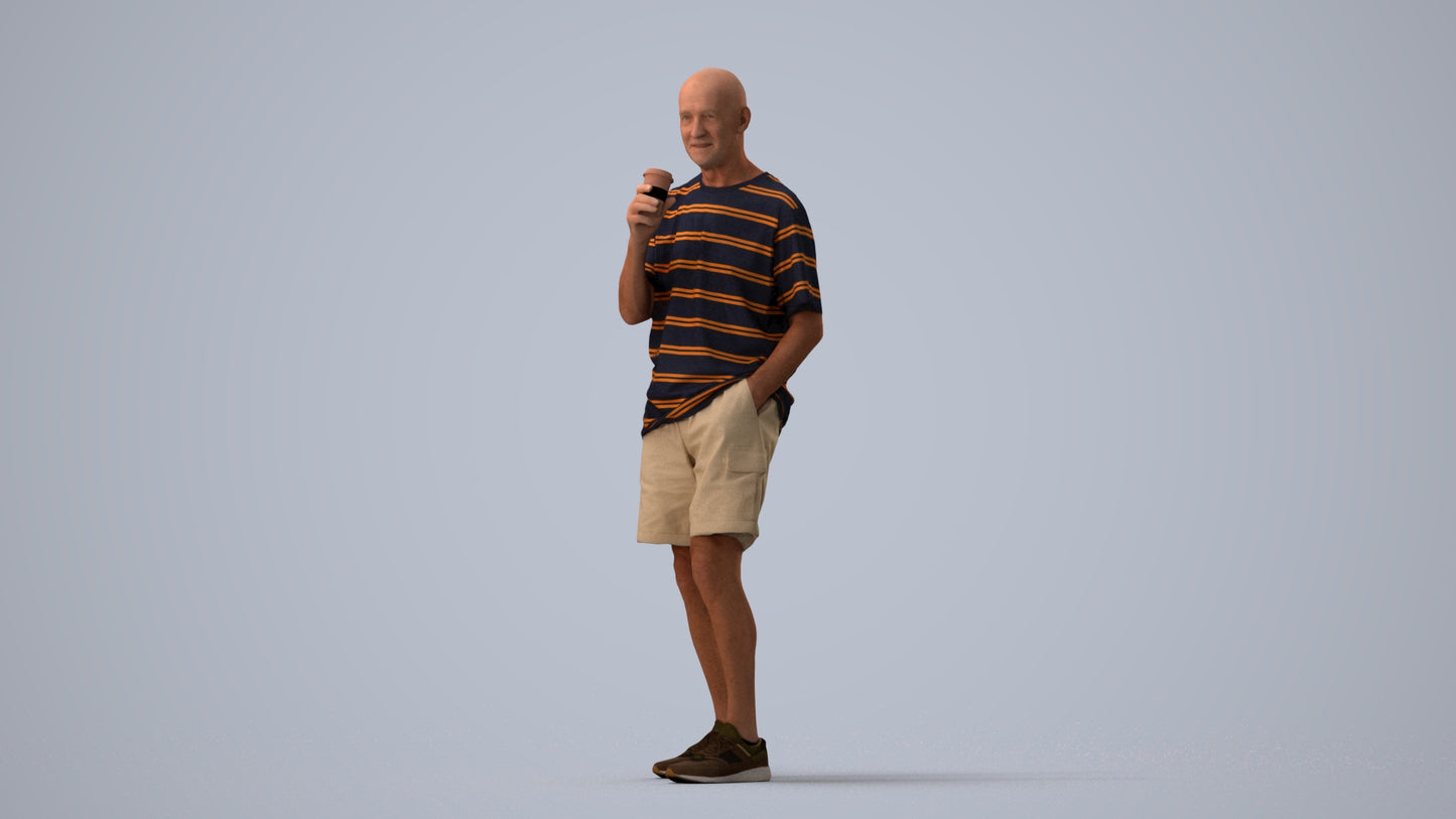 3D human model senior man casual standing, photogrammetry scanned person for archviz, three-quarter view render