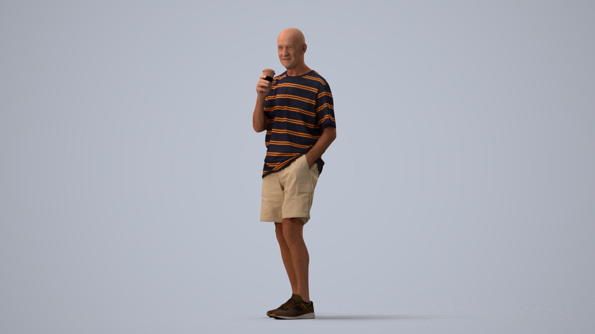 3D human model senior man casual standing, photogrammetry scanned person for archviz, three-quarter view render