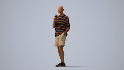 3D human model senior man casual standing, photogrammetry scanned person for archviz, three-quarter view render