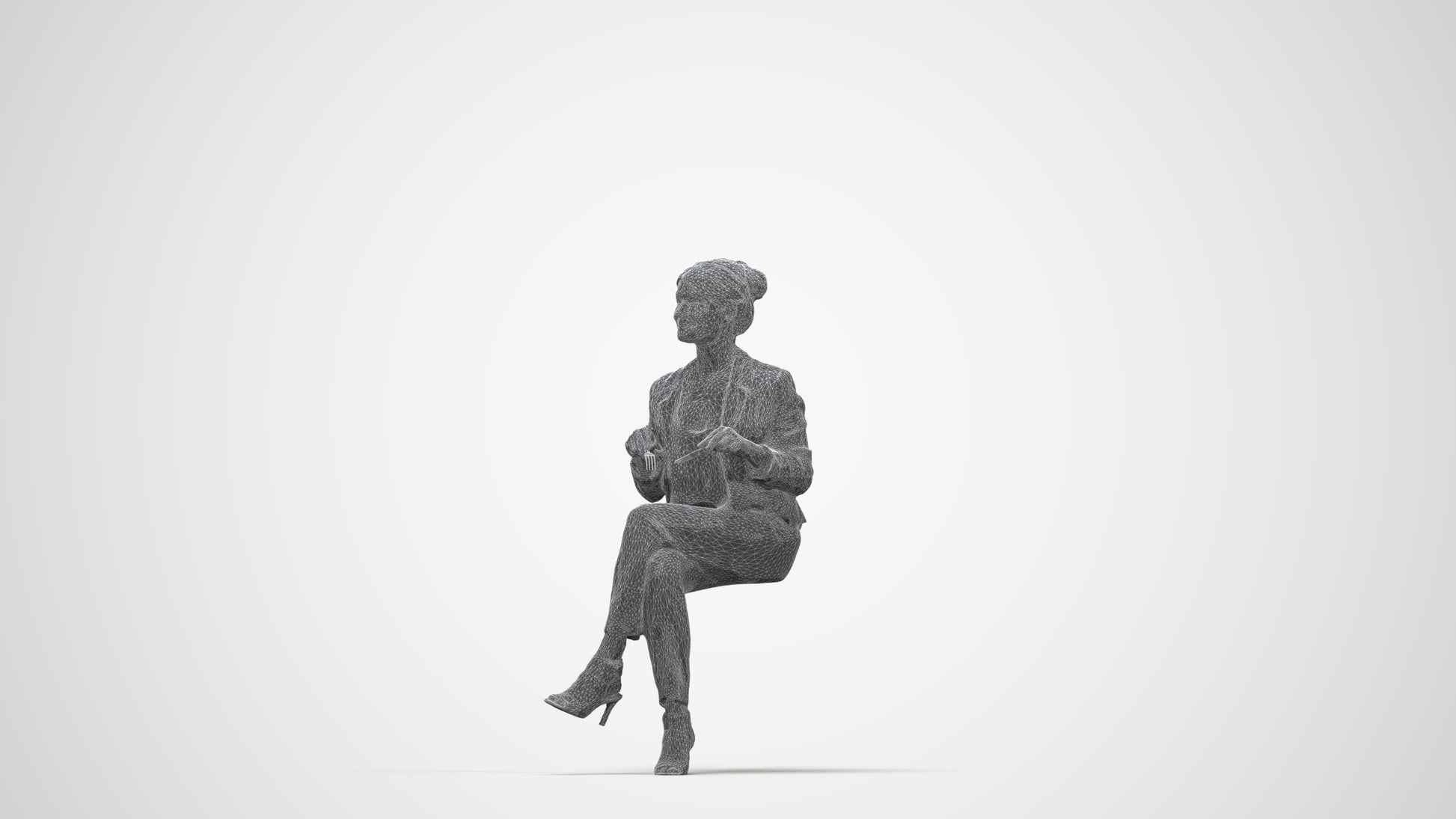 scanned 3D woman business sitting, photogrammetry people for Enscape and V-Ray, wireframe back view