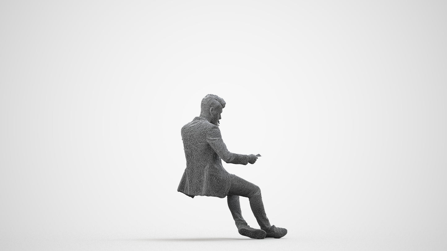 3D human model man casual sitting, photogrammetry scanned person for archviz, wireframe side view