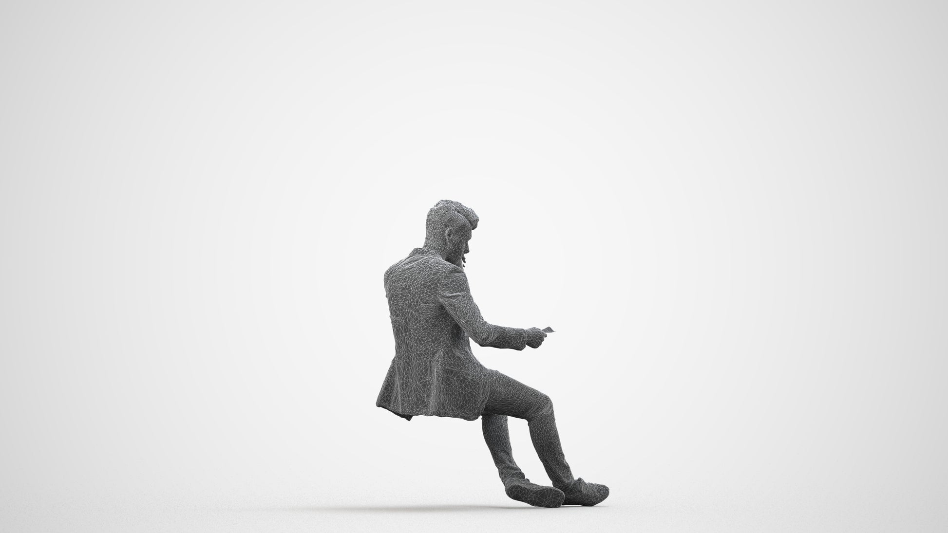3D human model man casual sitting, photogrammetry scanned person for archviz, wireframe side view
