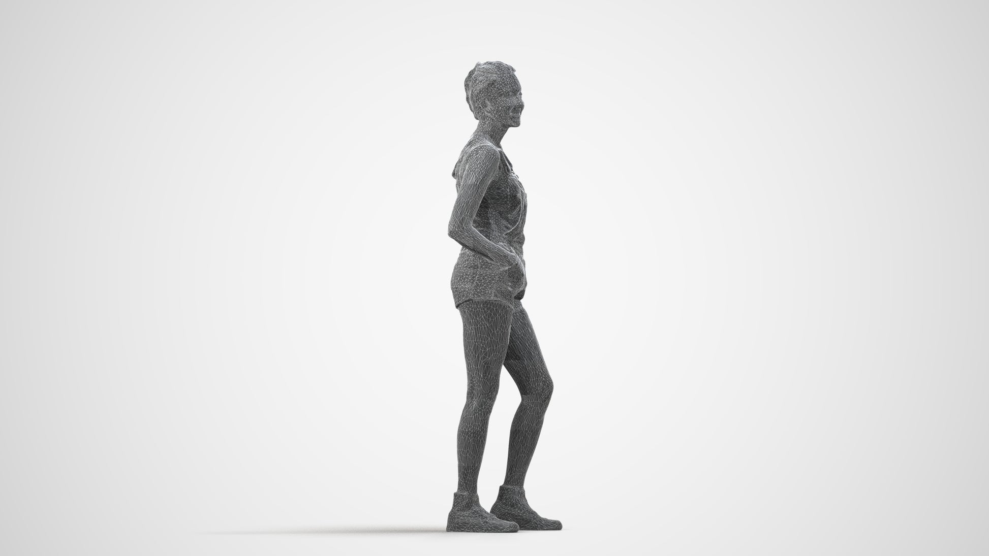 3D people model woman casual standing, scanned human for 3ds Max rendering, wireframe side view