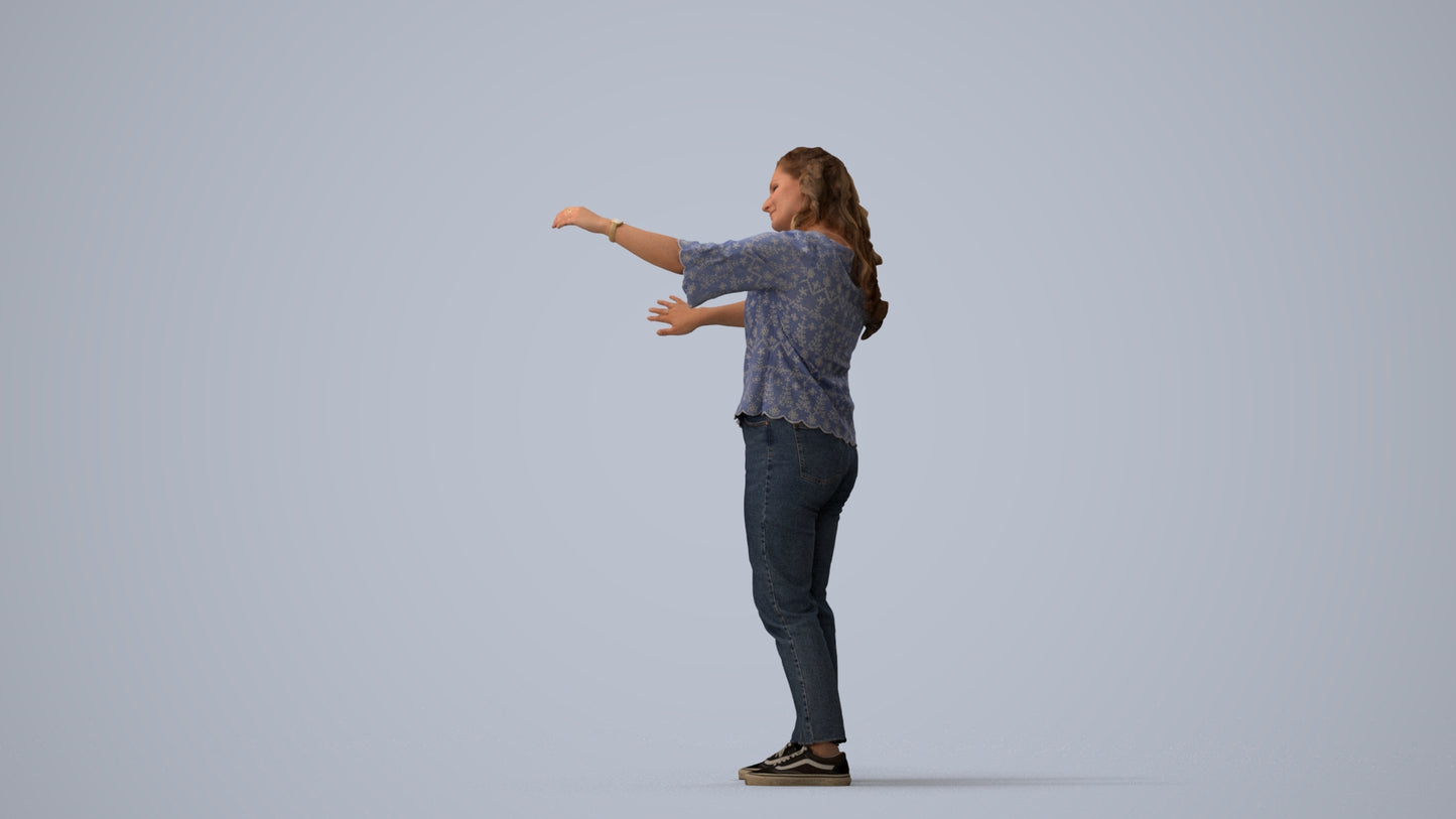 realistic 3D woman casual standing, scanned archviz people for Blender and 3ds Max, three-quarter view render