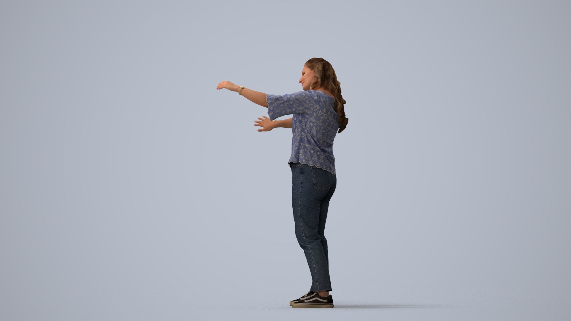 realistic 3D woman casual standing, scanned archviz people for Blender and 3ds Max, three-quarter view render