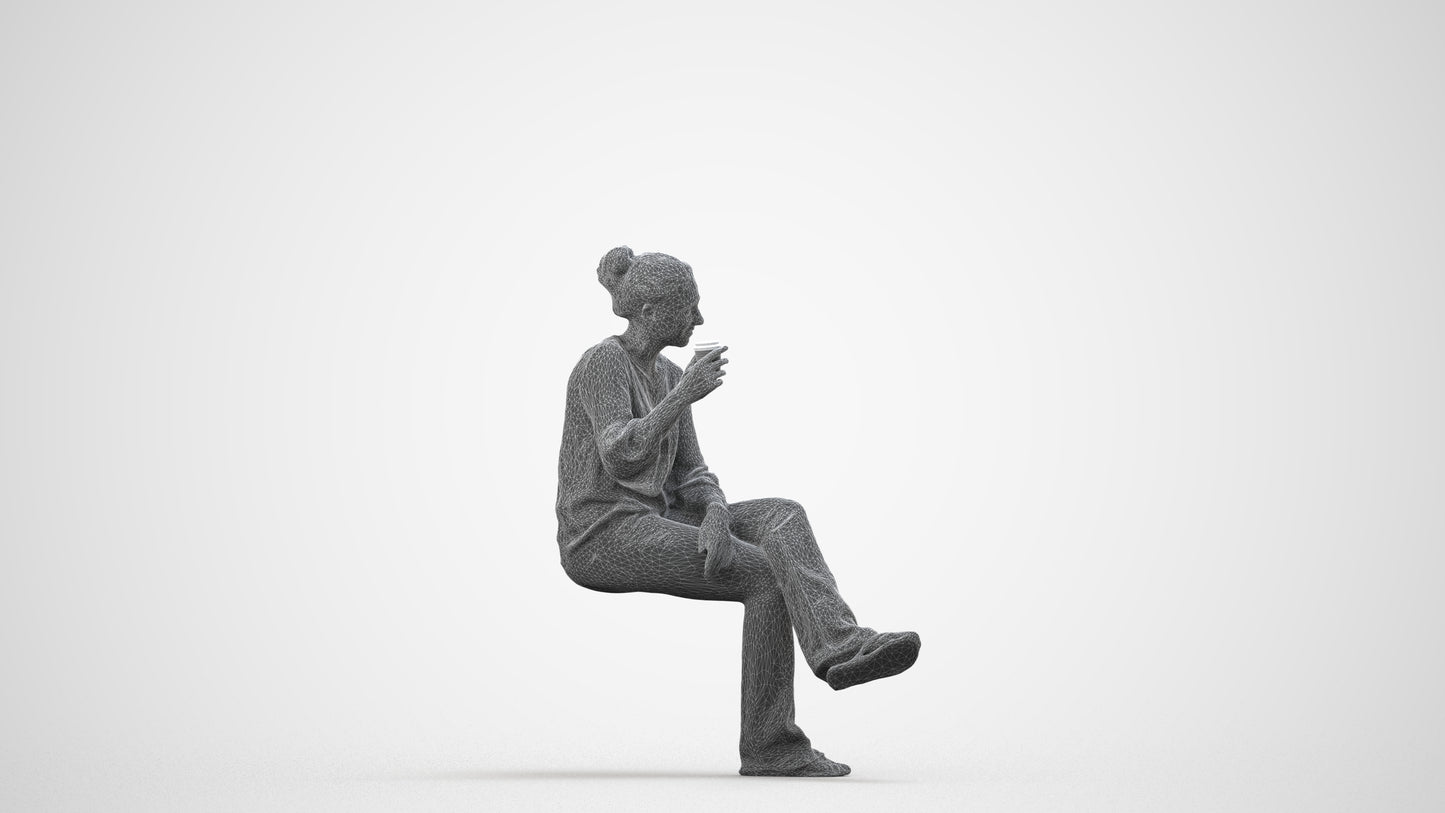 realistic 3D woman casual sitting, scanned archviz people for Blender and 3ds Max, wireframe side view