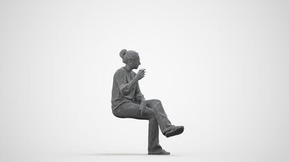 realistic 3D woman casual sitting, scanned archviz people for Blender and 3ds Max, wireframe side view