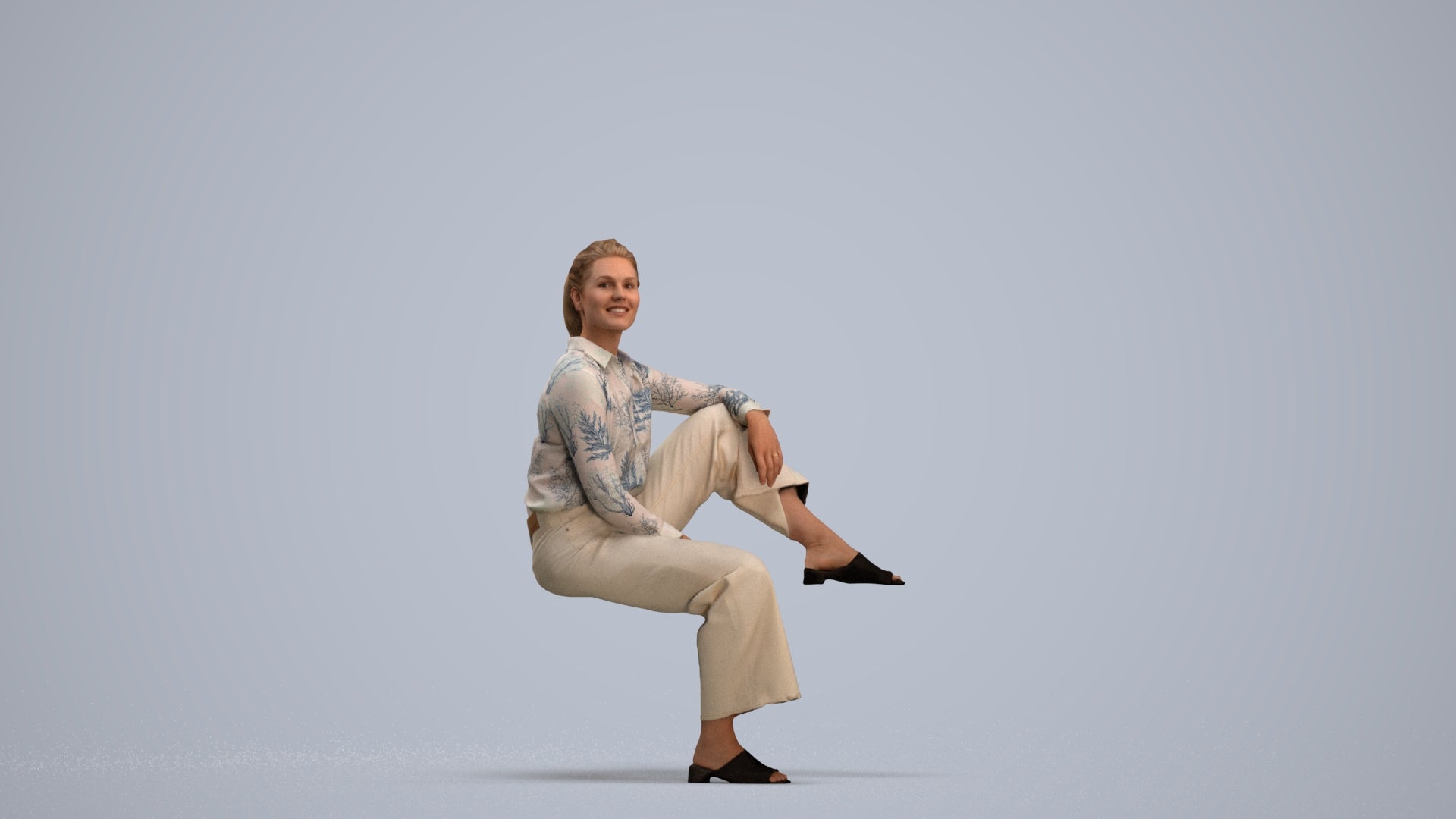 scanned 3D woman casual sitting, photogrammetry people for Enscape and V-Ray, standing pose render