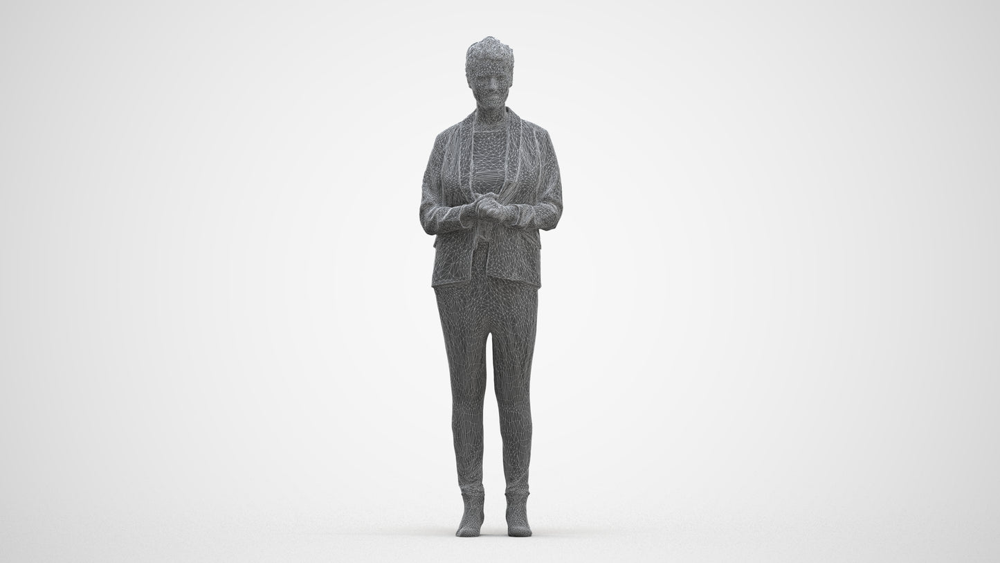 realistic 3D human woman business standing, archviz people FBX OBJ for Blender, three-quarter front view render