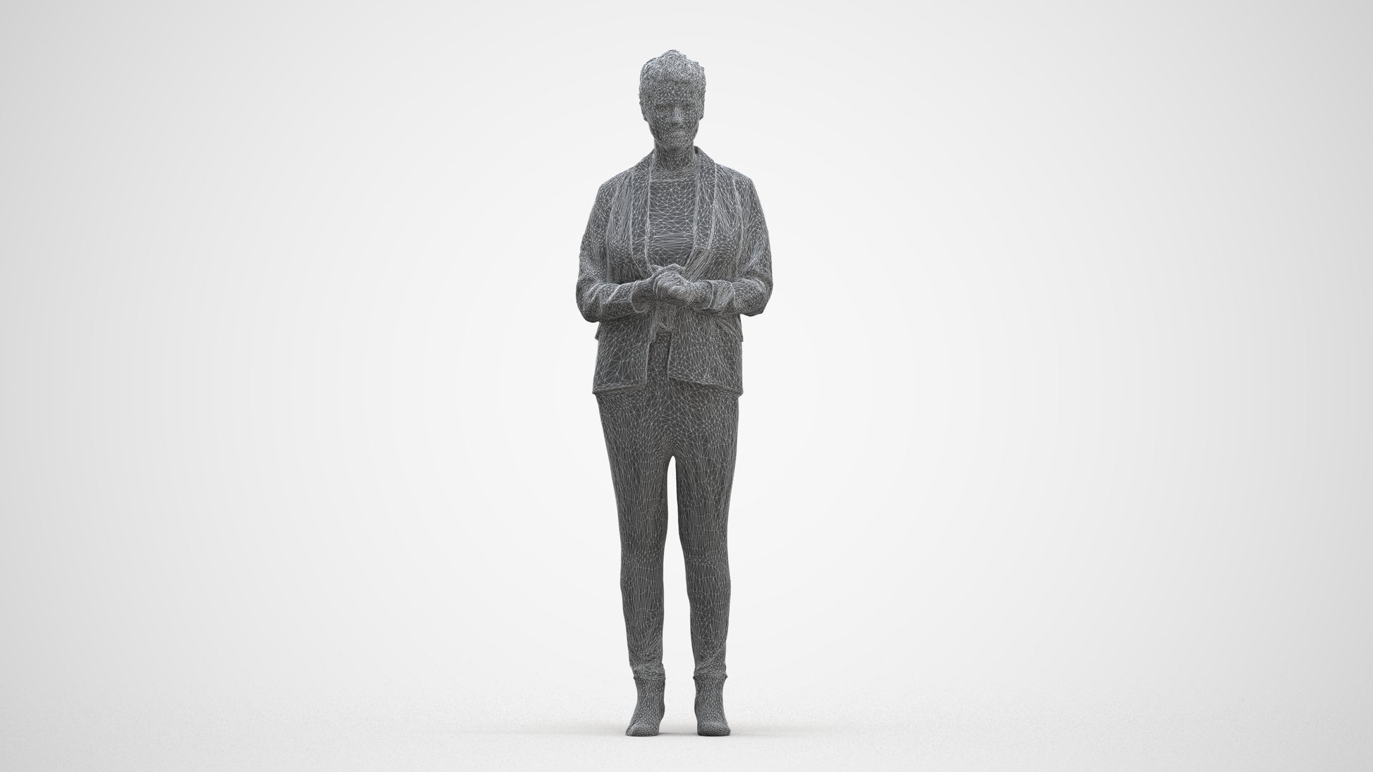 realistic 3D human woman business standing, archviz people FBX OBJ for Blender, three-quarter front view render
