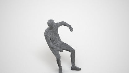 photogrammetry 3D man casual sitting, realistic human model archviz FBX, wireframe three-quarter view