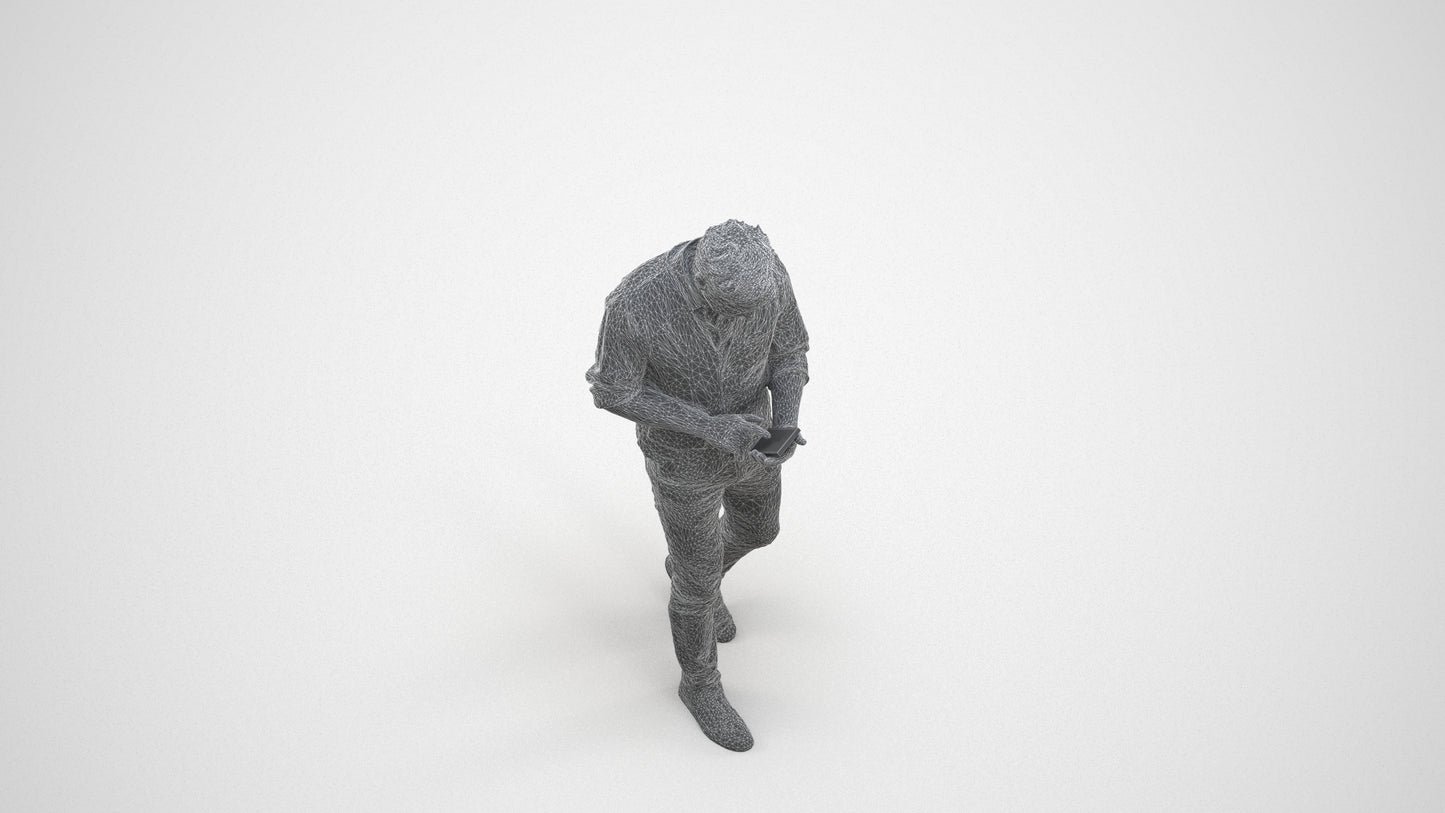 scanned 3D man casual walking, photogrammetry people for Enscape and V-Ray, wireframe three-quarter view
