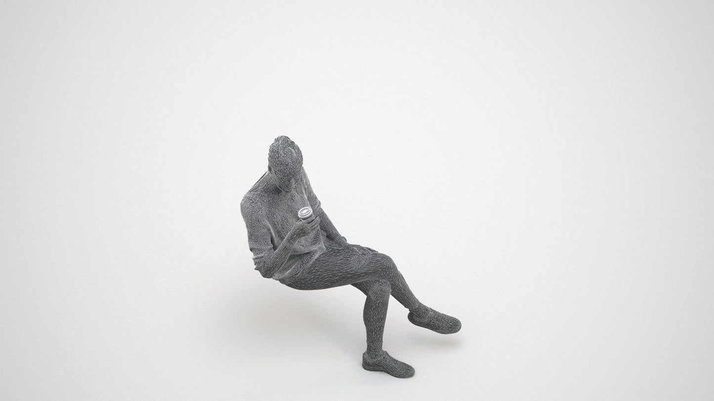 scanned 3D woman casual sitting, photogrammetry people for Enscape and V-Ray, wireframe three-quarter view