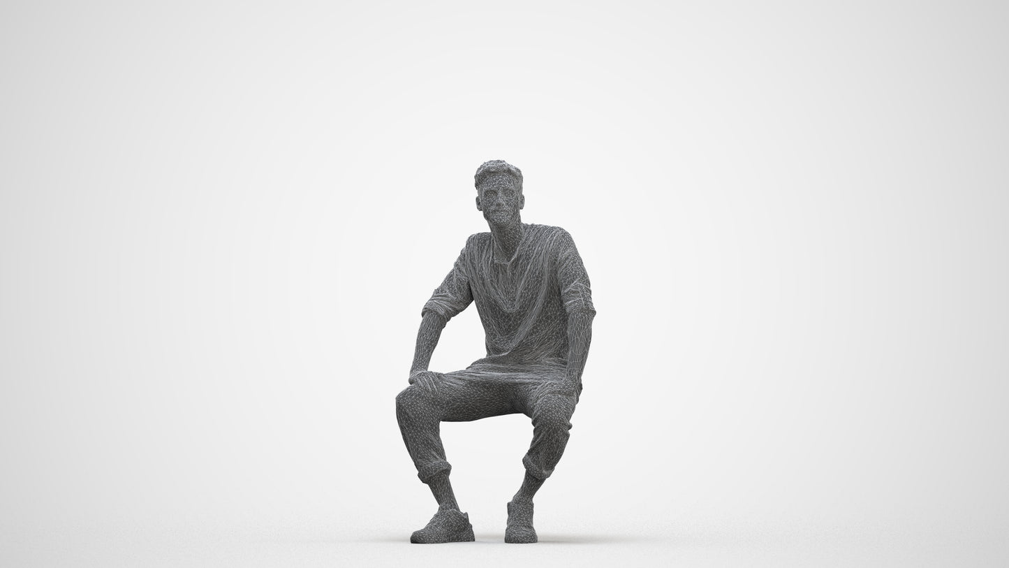 3D human model man casual sitting, photogrammetry scanned person for archviz, three-quarter front view render