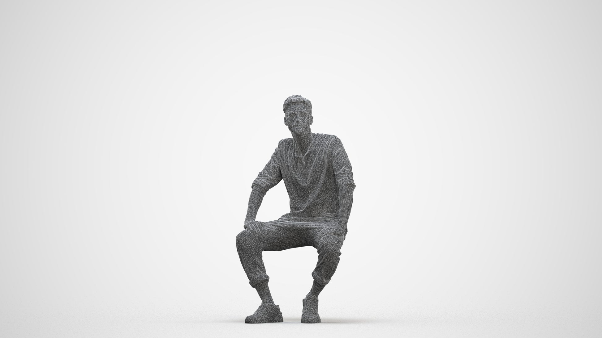 3D human model man casual sitting, photogrammetry scanned person for archviz, three-quarter front view render