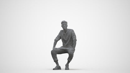 3D human model man casual sitting, photogrammetry scanned person for archviz, three-quarter front view render