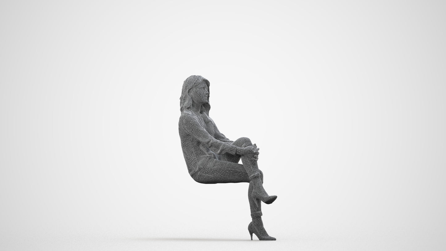 realistic 3D woman casual sitting, scanned archviz people for Blender and 3ds Max, wireframe side view