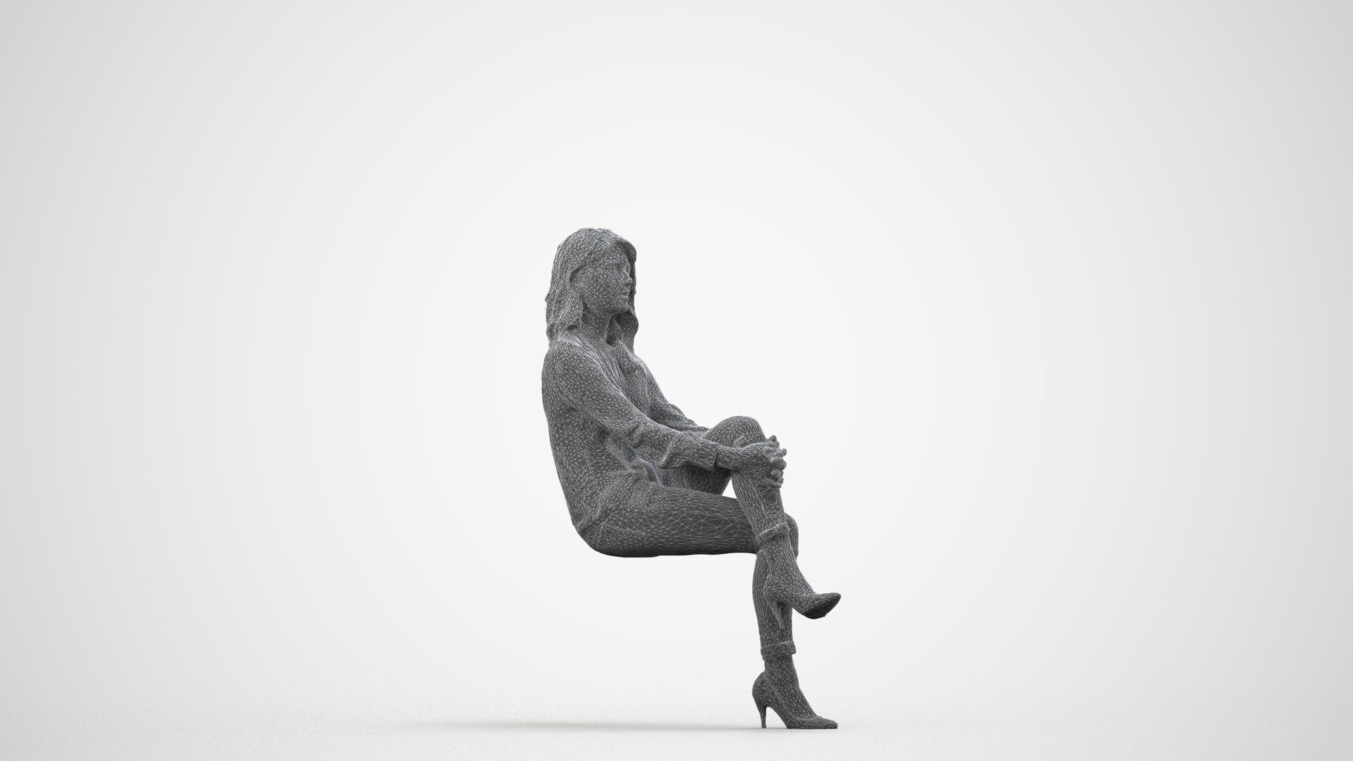 realistic 3D woman casual sitting, scanned archviz people for Blender and 3ds Max, wireframe side view