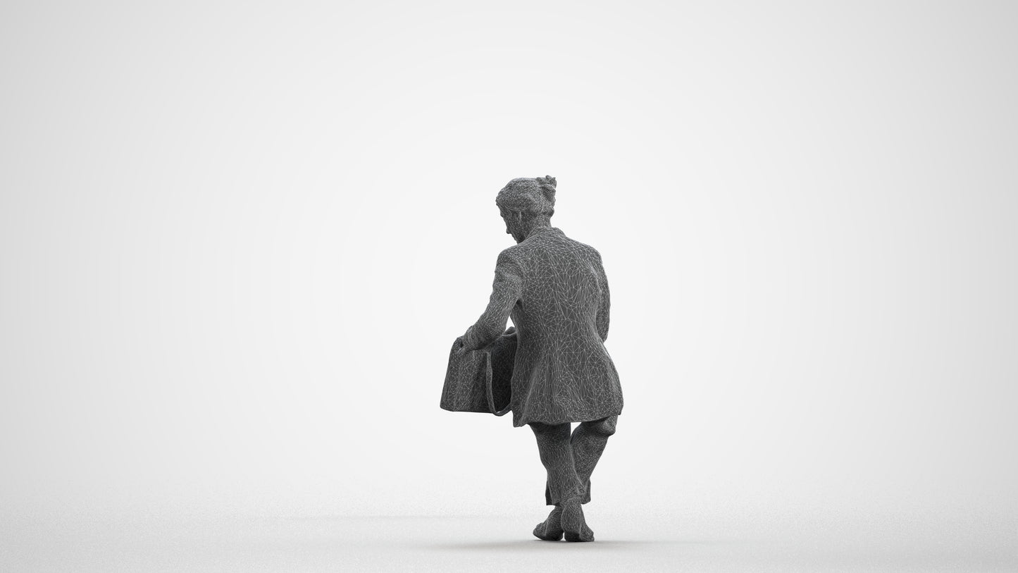 3D human model senior woman business sitting, photogrammetry scanned person for archviz, wireframe front view