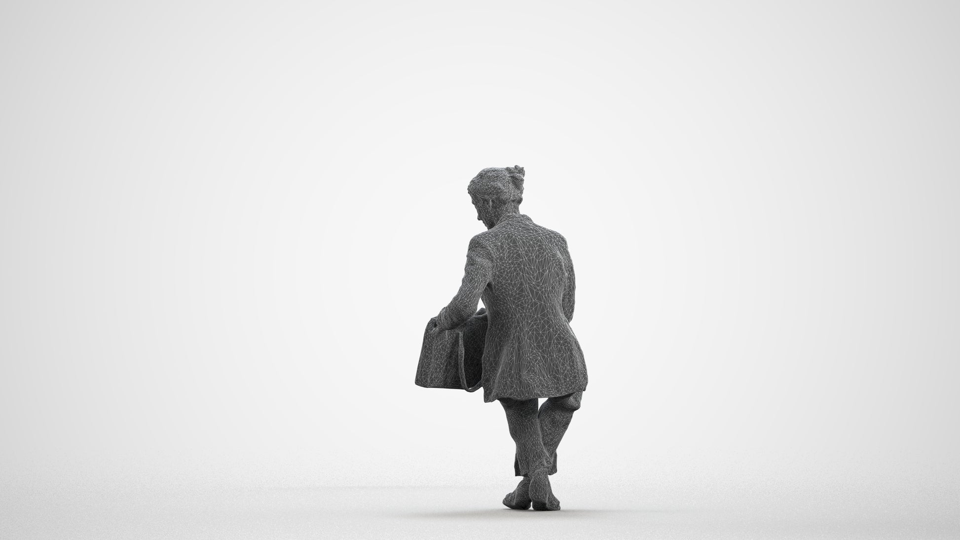 3D human model senior woman business sitting, photogrammetry scanned person for archviz, wireframe front view