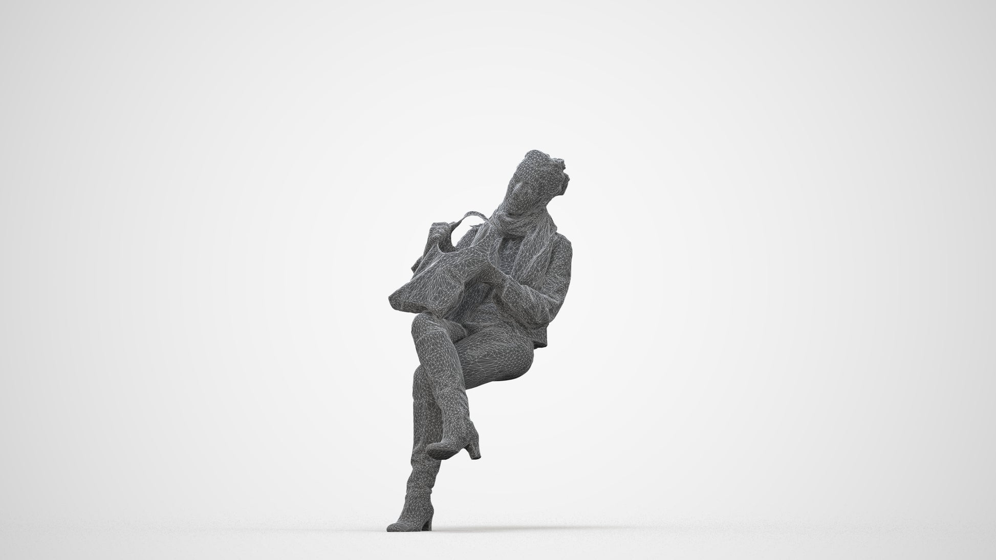 realistic 3D human woman casual sitting, archviz people FBX OBJ for Blender, wireframe back view