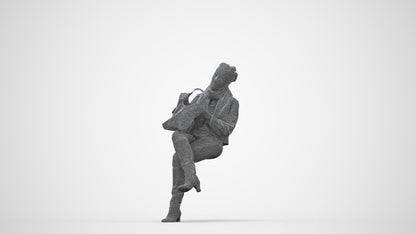 realistic 3D human woman casual sitting, archviz people FBX OBJ for Blender, wireframe back view