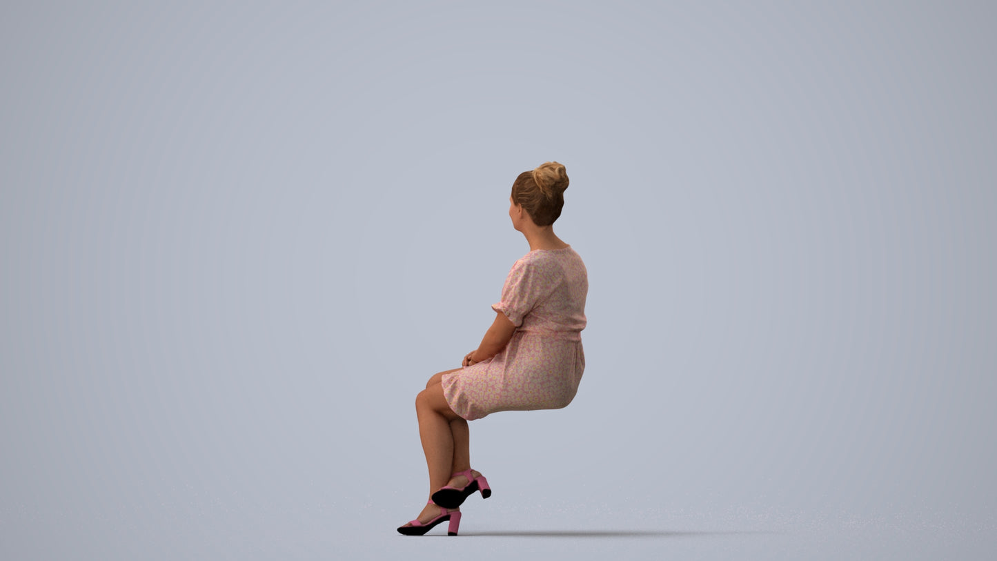 3D scanned woman sitting casual, photorealistic archviz people for Enscape and SketchUp, three-quarter view render