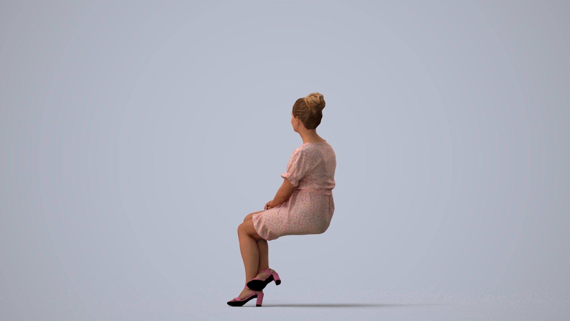 3D scanned woman sitting casual, photorealistic archviz people for Enscape and SketchUp, three-quarter view render