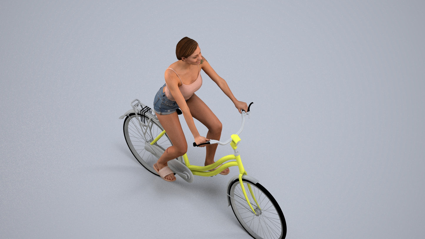 3D human model woman casual cycling, photogrammetry scanned person for archviz, back view render
