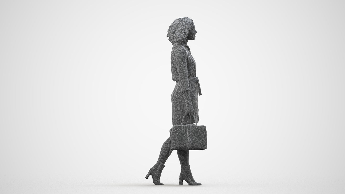 3D scanned woman walking casual, photorealistic archviz people for Enscape and SketchUp, wireframe side view