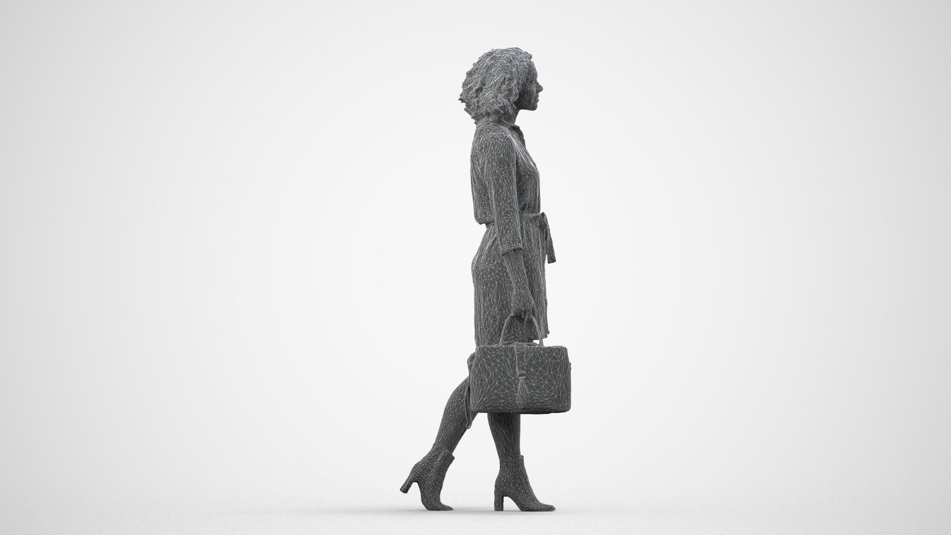 3D scanned woman walking casual, photorealistic archviz people for Enscape and SketchUp, wireframe side view