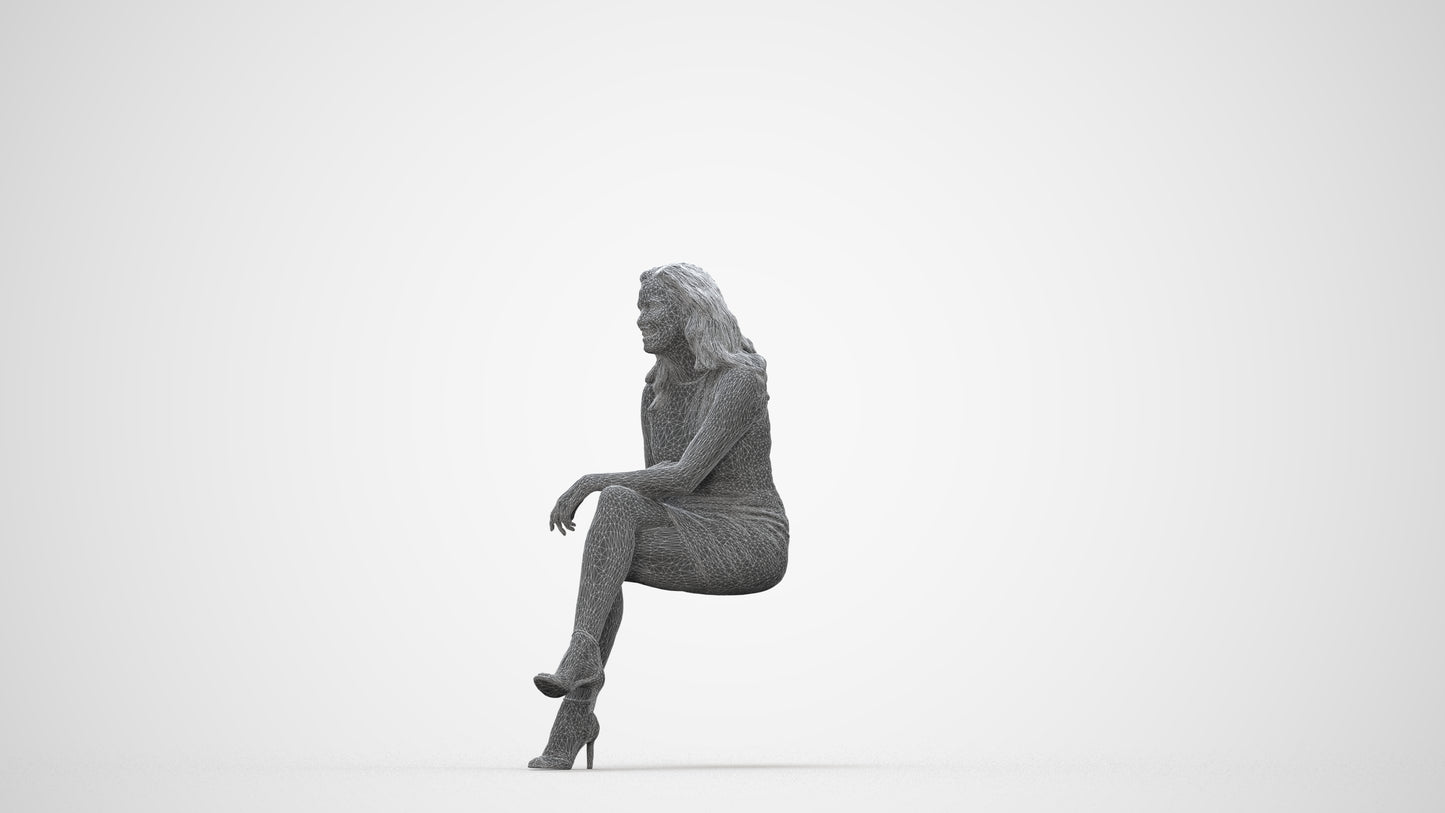 realistic 3D human woman casual sitting, archviz people FBX OBJ for Blender, wireframe back view