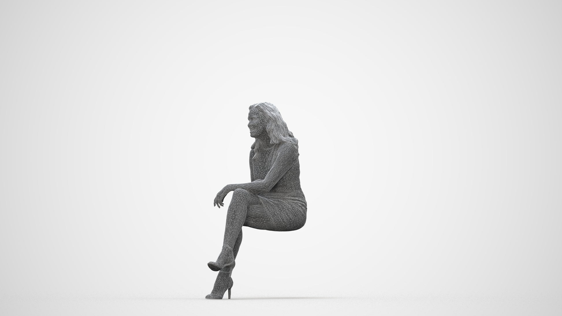 realistic 3D human woman casual sitting, archviz people FBX OBJ for Blender, wireframe back view