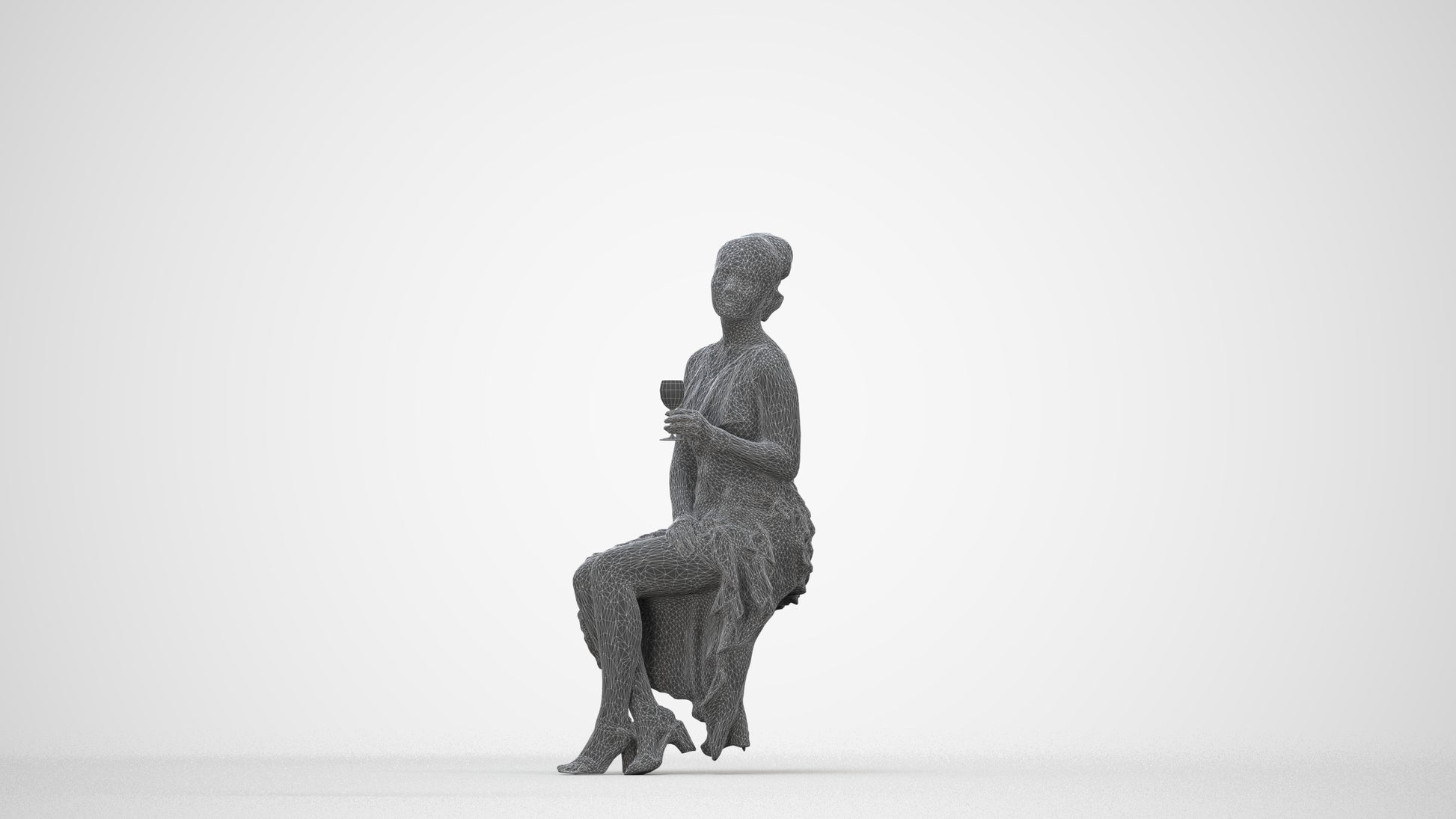 3D human model woman formal formalaffairs, photogrammetry scanned person for archviz, wireframe back view