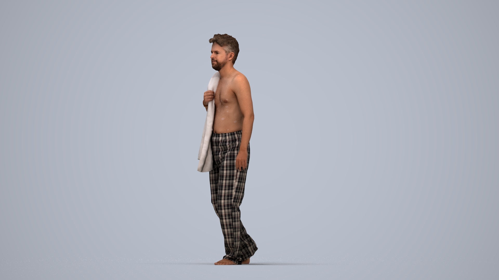 3D human model person bathroom, photogrammetry scanned person for archviz, top-down view render