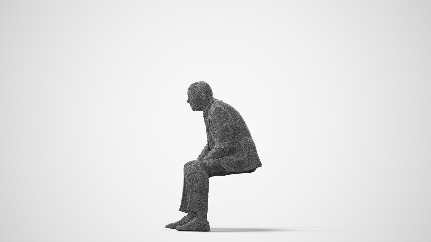 3D human model senior man business sitting, photogrammetry scanned person for archviz, square thumbnail