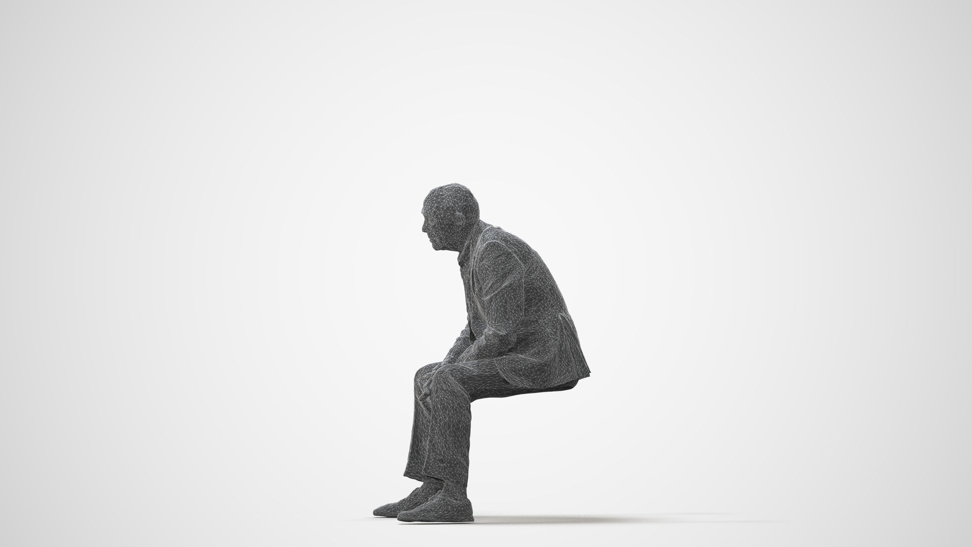 3D human model senior man business sitting, photogrammetry scanned person for archviz, square thumbnail
