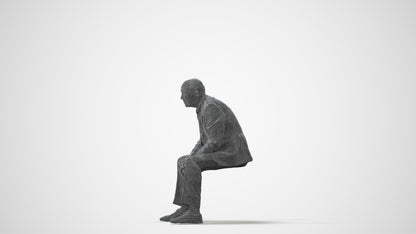 3D human model senior man business sitting, photogrammetry scanned person for archviz, square thumbnail