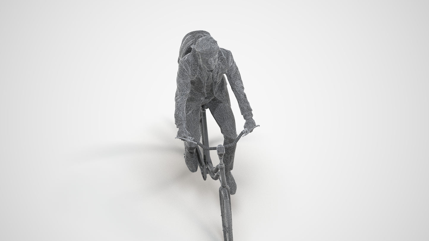 3D scanned man cycling business, photorealistic archviz people for Enscape and SketchUp, wireframe three-quarter view