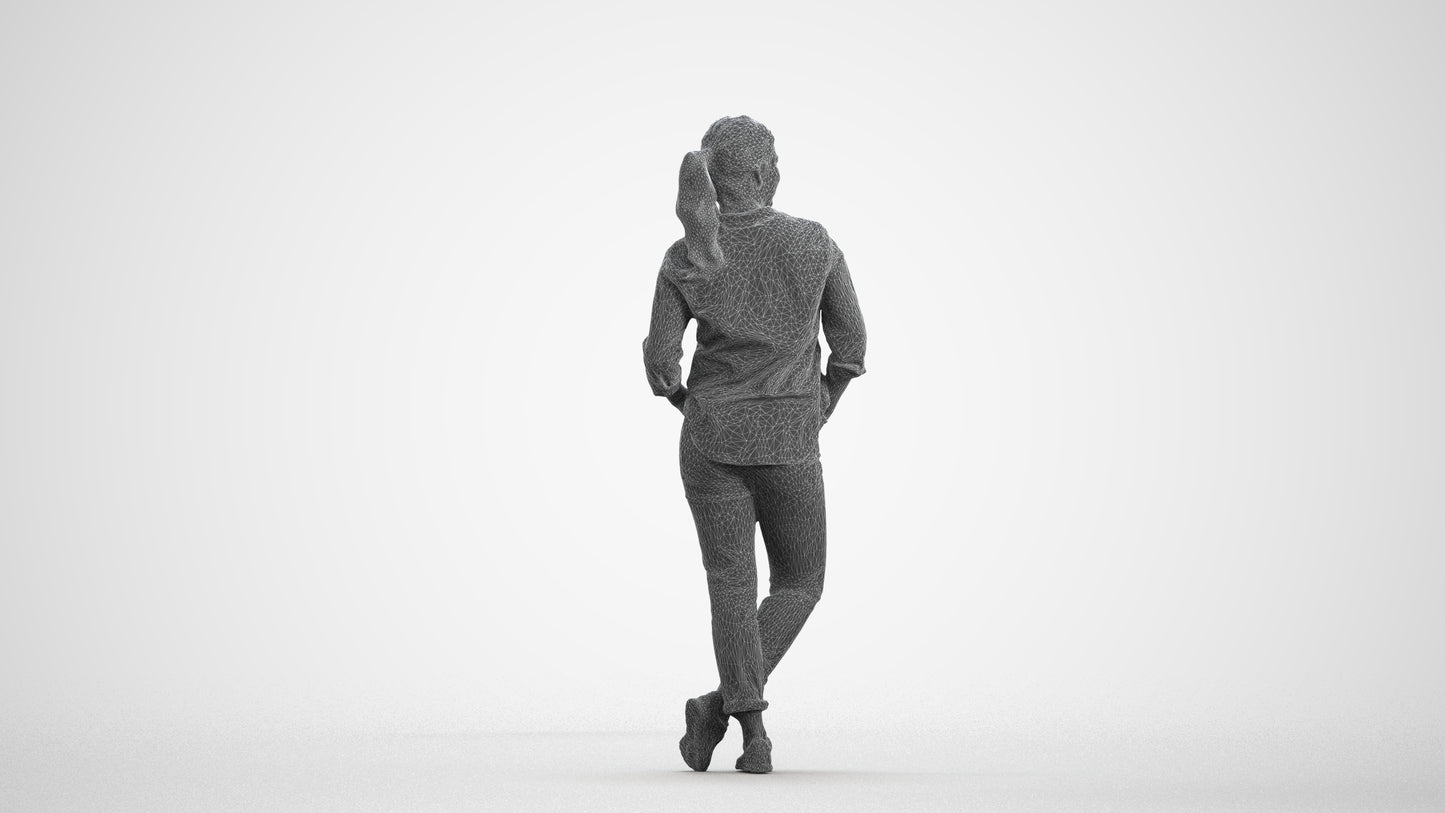 3D scanned woman standing casual, photorealistic archviz people for Enscape and SketchUp, wireframe front view