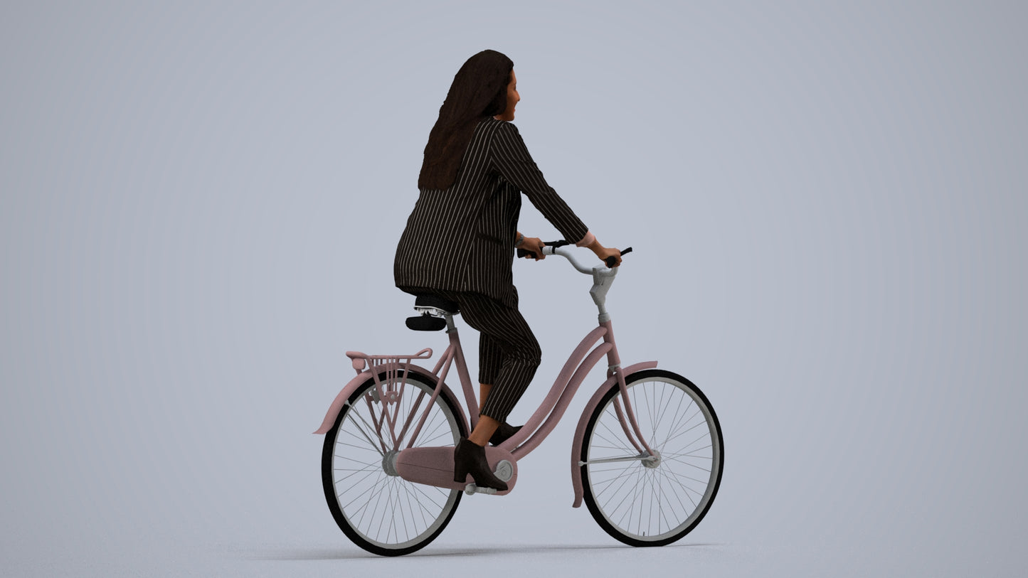 photogrammetry 3D woman business cycling, realistic human model archviz FBX, side view render