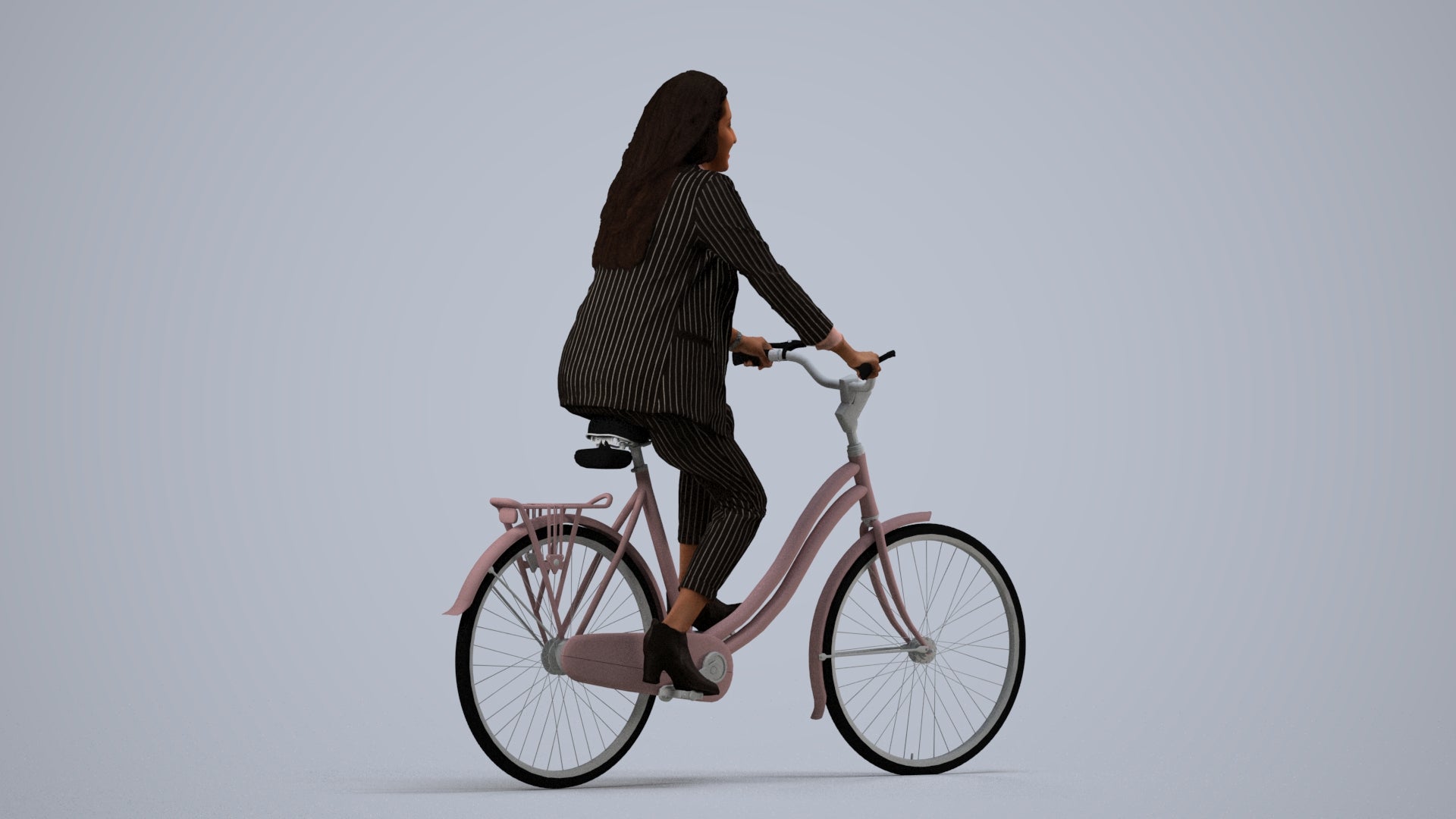 photogrammetry 3D woman business cycling, realistic human model archviz FBX, side view render