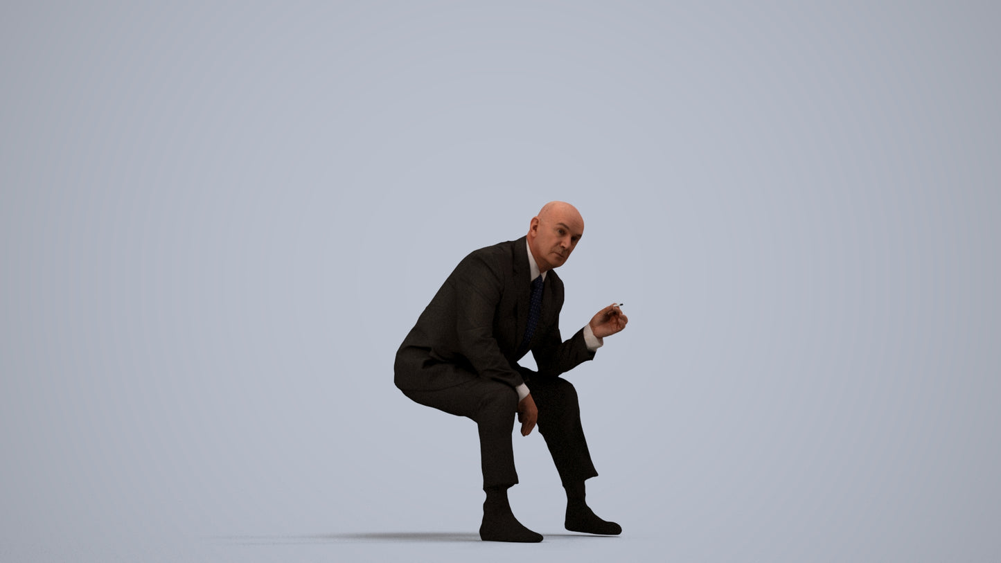 3D human model senior man business, photogrammetry scanned person for archviz, side view render