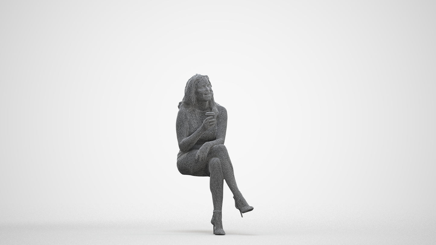 3D people model woman casual sitting, scanned human for 3ds Max rendering, three-quarter front view render